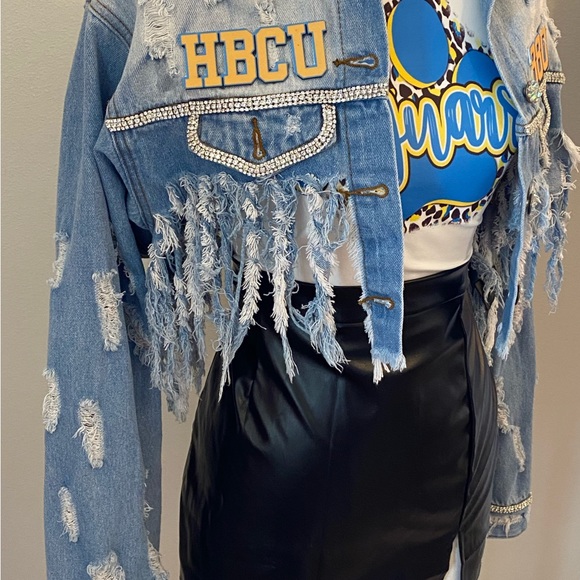 CUSTOM BLING SOUTHERN UNIVERSITY DISTRESSED CROP DENIM JACKET SIZE MEDIUM - Picture 3 of 3
